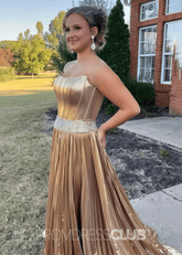 Flora |Long Gold Prom Dress Metallic With A Line Strapless Beaded Slide Split - Price #price_variant_lowest# - Gold - PromDressClub